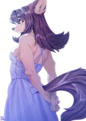  accessory amber_eyes anthro aruurara ass black_hair black_tail blue_clothing blue_dress breasts butt_pose canid canine canis clothed clothing domestic_dog dress female fluffy fur furgonomics glance hair hair_accessory hairband hands_behind_back hi_res kemono looking_at_viewer looking_back mammal medium_length_hair misha_(aruurara) pose shoulder_blades side_boob slight_smile solo tail tan_body tan_fur 