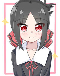  black_dress black_hair blush closed_mouth collarbone collared_dress commentary_request dress female folded_ponytail hair_ribbon highres kaguya-sama_wa_kokurasetai_~tensai-tachi_no_renai_zunousen~ kapuru_0410 looking_at_viewer neck_ribbon parted_bangs pink_background red_eyes red_ribbon ribbon school_uniform shinomiya_kaguya shuuchiin_academy_school_uniform sidelocks smile solo sparkle two-tone_background upper_body white_background 