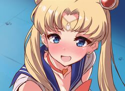  :d bishoujo_senshi_sailor_moon bishoujo_senshi_sailor_moon_s blonde_hair blue_eyes blue_sailor_collar blush bow bowtie breasts choker circlet cleavage collarbone crescent crescent_earrings derivative_work ear_piercing earrings female from_side hair_ornament hair_over_shoulder heart heart-shaped_pupils heart_choker highres jewelry kihou_no_gotoku_dmc long_hair magical_girl meme nose_blush open_mouth parted_bangs piercing red_bow red_bowtie red_choker sailor_collar sailor_moon sailor_moon_redraw_challenge_(meme) sailor_senshi_uniform school_uniform screenshot_redraw serafuku smile solo sweatdrop symbol-shaped_pupils tsukino_usagi twintails upper_body 