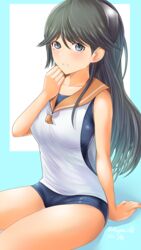  absurdres alternate_breast_size aqua_background bad_id bad_pixiv_id black_hair blue_one-piece_swimsuit breasts covered_navel dangan_kurabu dated female grey_eyes hair_between_eyes headgear highres i-400_(kancolle) kantai_collection long_hair looking_at_viewer medium_breasts one-piece_swimsuit sailor_collar sailor_shirt school_swimsuit shirt side-tie_shirt sitting sleeveless sleeveless_shirt smile solo swimsuit swimsuit_under_clothes tan twitter_username 