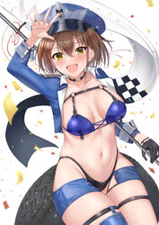  :d arm_up azur_lane baltimore_(azur_lane) baltimore_(finish_line_flagbearer)_(azur_lane) bikini black_bikini black_choker black_gloves blue_bikini blue_footwear blue_hat blue_jacket blush boots braid breasts brown_hair chest_harness choker cleavage collarbone commentary confetti cowboy_shot cropped_jacket female flag french_braid gloves groin hair_between_eyes harness hat highleg highleg_bikini highres holding holding_pole itaba_atsushi jacket looking_at_viewer medium_breasts micro_shorts mismatched_bikini navel o-ring official_alternate_costume open_clothes open_jacket open_mouth peaked_cap pole race_queen short_hair shorts sidelocks simple_background single_glove single_thigh_boot sitting smile solo stomach swimsuit thigh_boots tire white_background yellow_eyes 