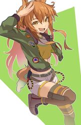  absurdres animal_ears arm_up belt blush bomber_jacket boots brown_footwear brown_thighhighs commentary_request crop_top dog_tags female green_jacket highres horse_ears horse_girl horse_tail jacket long_hair long_sleeves mayano_top_gun_(umamusume) midriff oerba_yun_fang open_clothes open_jacket open_mouth orange_hair panda_0035 salute shirt shorts skin_fang smile solo tail thighhighs umamusume white_shorts yellow_eyes yellow_shirt 