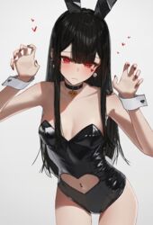  animal_ears bare_shoulders black_choker black_hair black_leotard blunt_bangs blush breasts choker claw_pose cleavage closed_mouth clothing_cutout collarbone cowboy_shot earrings enokawa_kokoro_(hara_kenshi) expressionless facial_mark female hara_kenshi heart heart_cutout heart_facial_mark heart_in_eye highres jewelry leaning_forward leotard long_hair looking_at_viewer mole mole_under_mouth nail_polish navel navel_cutout navel_piercing original piercing playboy_bunny rabbit_ears red_eyes red_nails sidelocks simple_background small_breasts solo strapless strapless_leotard symbol_in_eye thigh_gap white_background wrist_cuffs 