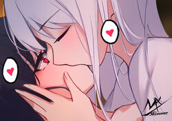  2girls angel_and_devil angel_girl_(shimmer) artist_name black-haired_demon_girl_(shimmer) black_hair closed_eyes commentary from_side heart highres kissing long_hair multiple_girls original profile red_eyes shimmer shirt signature spoken_heart symbol-only_commentary white_hair white_shirt yuri 