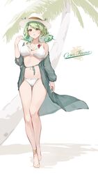  absurdres anklet bare_legs barefoot bikini breasts breasts_apart ceres_fauna character_name earrings female flower flower_necklace green_hair green_jacket hand_up hat highres hololive hololive_english jacket jewelry kanoe_(tatsukanoe) large_breasts long_hair long_sleeves navel open_clothes open_jacket palm_tree parted_lips red_flower revision solo swimsuit tree virtual_youtuber white_bikini white_flower white_hat yellow_eyes 