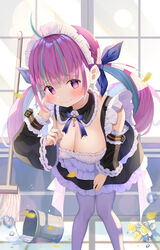  absurdres ahoge anchor_symbol apron aquarium_(visual_novel) bent_over black_collar black_dress blue_bow blue_hair blue_nails blush bow breasts broom bucket cleavage closed_mouth collar colored_inner_hair commentary_request detached_collar detached_sleeves dress drill_hair female frilled_collar frilled_dress frilled_sleeves frills hairbow hand_up highres hololive index_finger_raised indoors knees_together_feet_apart large_breasts leaning_forward long_hair looking_at_viewer maid maid_apron maid_headdress minato_aqua multicolored_hair pantyhose partial_commentary pink_eyes purple_hair shokorate sidelocks solo spill streaked_hair twin_drills twintails two-tone_hair virtual_youtuber water white_pantyhose window 