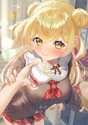  :t blonde_hair blush breasts brown_sweater closed_mouth cosplay day double_bun female food food_on_face green_eyes hair_bun highres hiyorou holding holding_another&#039;s_wrist holding_food hololive large_breasts leaning_forward long_hair long_sleeves looking_at_viewer miniskirt momosuzu_nene momosuzu_nene_(casual) momosuzu_nene_(cosplay) official_alternate_costume outdoors pov pov_hands red_skirt self_cosplay skirt sweater two_side_up virtual_youtuber 