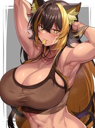  animal_ears armpits arms_behind_head arms_up bare_arms bare_shoulders biro-budou black_hair blonde_hair blush border breasts brown_sports_bra cat_ears cat_girl cat_tail cleavage colored_inner_hair crossed_bangs dark-skinned_female dark_skin female grey_background hair_between_eyes highres indie_virtual_youtuber large_breasts lightning_bolt_necklace long_hair looking_at_viewer mouth_hold multicolored_hair navel nekoyo_chloe oerba_yun_fang parted_lips solo sports_bra steaming_body streaked_hair sweat tail toned two-tone_hair upper_body virtual_youtuber white_border yellow_eyes 