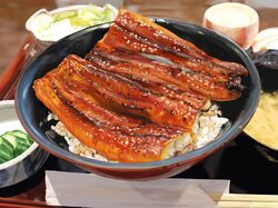  blurry blurry_background bowl chopsticks cucumber cucumber_slice cup eel fish_(food) food food_focus grilled_eel highres igaiga_(igarashijunji) no_humans original realistic rice still_life unadon_(food) vegetable 