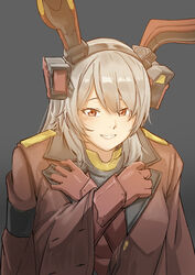  animal_ears blush borrowed_clothes charolic_(girls&#039;_frontline_2) coat coat_on_shoulders commission crossed_arms fake_animal_ears female gauntlets girls&#039;_frontline girls&#039;_frontline_2:_exilium grey_hair grin headgear highres long_hair looking_at_viewer open_mouth parted_lips pixiv_commission red_coat red_eyes smile solo triangle_bullet upper_body 