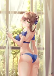  ass back blue_bra blue_panties blush bra breasts brown_hair cowboy_shot curtain_grab curtains earrings female flower forest girls&#039;_frontline green_eyes hair_flower hair_ornament hand_on_thigh highres indoors jewelry korean_commentary long_hair looking_at_viewer looking_back medium_breasts nature panties prothymos solo springfield_(girls&#039;_frontline) thighs underwear window 