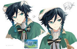  1boy artist_name bad_id bad_twitter_id beret bishounen black_hair bow bowtie braid chibi flower genshin_impact green_eyes hair_flower hair_ornament hat highres male_focus short_hair simple_background smile solo tongue tongue_out twin_braids ueauwa upper_body venti_(genshin_impact) white_background 