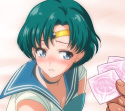  aqua_hair bishoujo_senshi_sailor_moon bishoujo_senshi_sailor_moon_s blue_bow blue_choker blue_eyes blue_sailor_collar blush bow breasts check_commentary choker circlet cleavage clenched_teeth commentary_request condom condom_wrapper crying crying_with_eyes_open derivative_work earrings female furrowed_brow holding holding_condom jewelry looking_at_object magical_girl meme mizuno_ami nervous okumori_boy open_mouth out_of_frame parted_bangs sailor_collar sailor_mercury sailor_moon_redraw_challenge_(meme) sailor_senshi_uniform screenshot_redraw shirt short_hair short_sleeves stud_earrings sweat tears teeth upper_body white_shirt 