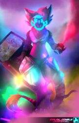  absurd_res aitex_k2 anthro avaliy_conely blue_eyes female fur glowing hi_res light long_tail machine protogen riot shield smoke solo tail 