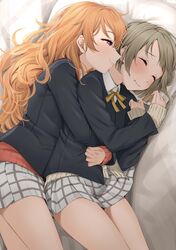  2girls absurdres bed black_jacket blazer blush brown_hair cardigan closed_eyes closed_mouth commentary_request highres hug hug_from_behind indoors jacket kitaku_(nakamachi_machi) konoe_kanata light_smile long_hair long_sleeves love_live! love_live!_nijigasaki_high_school_idol_club lying miniskirt multiple_girls nakasu_kasumi nijigasaki_school_uniform on_bed on_side orange_hair pleated_skirt purple_eyes ribbon school_uniform serafuku short_hair skirt sleeves_past_wrists spooning winter_uniform yellow_ribbon yuri 