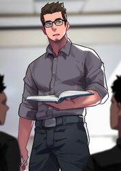  1boy absurdres bara belt book commentary facial_hair glasses grey_shirt highres holding holding_book indoors male_focus maorenc mature_male muscular muscular_male open_mouth original pants shirt solo stubble 