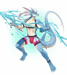  abs anthro bottomwear clothing dragon feet hi_res hydoor jinluarj13 lifewonders live_a_hero male muscular muscular_anthro muscular_male mythological_creature mythological_scalie mythology pecs scalie shorts solo straps straps_across_chest swimwear tail toes water 