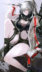  absurdres animal_ears arknights black_scarf black_shorts breasts cat_ears cleavage commentary crop_top english_commentary female grey_hair highres holding holding_knife holding_weapon jacket knee_up knife large_breasts long_hair long_sleeves looking_at_viewer material_growth midriff navel open_clothes open_jacket oripathy_lesion_(arknights) reverse_grip scarf schwarz_(arknights) short_shorts shorts sitting solo stomach thigh_strap thighs weapon white_jacket yellow_eyes yuki_flourish 