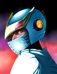  1boy android blue_eyes bodysuit casshern casshern_(series) commentary derivative_work helmet looking_at_viewer male_focus mask robot_hunter_casshern solo takemaru08 white_bodysuit 