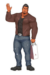  1boy abs bad_id bad_pixiv_id bag bara beard belt biceps black_hair brown_eyes facial_hair full_body grocery_bag hand_up highres jacket kuromine_hiraya large_pectorals leather_belt looking_at_viewer male_focus manly mature_male muscular muscular_male open_clothes open_jacket open_mouth original pants pectorals shirt shoes shopping_bag solo spiked_hair t-shirt tan thick_arms thick_eyebrows thick_thighs thighs tight_clothes torn_clothes torn_pants unzipped white_background 