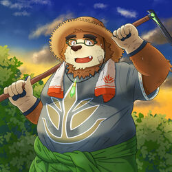  1:1 2022 anthro band-aid bandage bear brown_body brown_fur clothing cloud detailed_background eyewear farmer fur glasses gloves handwear hat headgear headwear hi_res humanoid_hands kemono lifewonders male mammal outside overweight overweight_male shirt solo straw_hat tokyo_afterschool_summoners topwear towel towel_around_neck volos_(tas) yaki_atsuage 