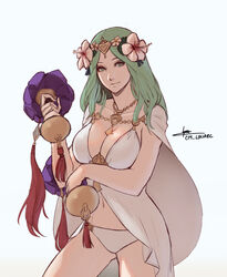  artist_name breasts cleavage closed_mouth cm_lynarc commentary english_commentary female fire_emblem fire_emblem:_three_houses fire_emblem_heroes flower green_eyes green_hair hair_flower hair_ornament holding long_hair rhea_(fire_emblem) rhea_(summer)_(fire_emblem) simple_background solo swimsuit 