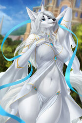  2022 anthro black_nose blue_eyes breasts canid canine clothed clothing day detailed_background digital_media_(artwork) dreamspinner elvofirida eyebrows eyelashes female fox fur hair krinele_fullin mammal midriff navel outside sky small_waist smile solo white_body white_fur white_hair 