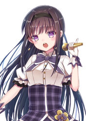  absurdres akemi_homura black_hairband bow bowtie brown_hair collared_shirt corset dress_shirt earrings female gloves hairband highres holding holding_microphone idol jewelry kamiha_magica_idol_costume long_hair looking_at_viewer magia_record:_mahou_shoujo_madoka_magica_gaiden mahou_shoujo_madoka_magica microphone music nanahosiryuuki open_mouth plaid_corset purple_bow purple_bowtie purple_eyes shirt short_sleeves simple_background singing solo standing upper_body very_long_hair white_background white_gloves white_shirt wing_collar 