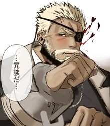  1boy bad_id bad_twitter_id balor_(housamo) bara beard blonde_hair commentary_request cuffs eyepatch facial_hair flaming_eye highres looking_at_viewer male_focus mature_male muscular muscular_male one_eye_covered short_hair solo tokyo_afterschool_summoners translated two-tone_beard zeroru1111 