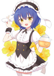  :d apron black_ribbon black_skirt blue_hair blush cowboy_shot dress_shirt female fleur_de_lapin_uniform flower frilled_hairband frilled_skirt frills furutori gochuumon_wa_usagi_desu_ka? hair_between_eyes hairband highres holding jouga_maya looking_at_viewer medium_hair miniskirt neck_ribbon open_mouth ribbon shirt short_sleeves skirt smile solo standing teapot thighhighs underbust waist_apron white_apron white_background white_shirt white_thighhighs wrist_cuffs yellow_eyes yellow_flower zettai_ryouiki 