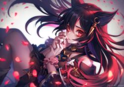  animal_ears black_hair commentary_request earrings erune eyes_visible_through_hair female fingernails granblue_fantasy hair_between_eyes jewelry kogome_(azalea4) long_hair looking_at_viewer nier_(granblue_fantasy) petals red_eyes solo thighs twitter_username wrist_cuffs 