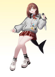  absurdres brown_eyes brown_hair commentary_request emoticon female fins fish_tail gradient_background grey_hoodie hair_ornament hairclip headphones headphones_around_neck highres hood hoodie long_hair looking_at_viewer microphone miniskirt nanami_(virtuareal) nijisanji open_mouth pleated_skirt red_skirt shark_tail shoes skirt sneakers solo standing tail thighs virtual_youtuber virtuareal white_footwear z-jun.dd-zhong 