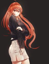  ahoge black_background black_sweater casual eris_greyrat female floating_hair hair_between_eyes highres long_hair long_sleeves mushoku_tensei parted_lips rausu_(undeadmachine) red_eyes red_hair short_shorts shorts side_slit simple_background solo straight_hair sweater very_long_hair white_shorts 