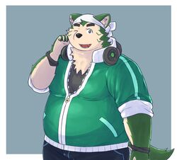  2022 anthro bari_mu belly big_belly black_nose bottomwear canid canine canis clothing domestic_dog electronics green_body headphones headphones_around_neck hi_res humanoid_hands kemono lifewonders live_a_hero male mammal mokdai one_eye_closed overweight overweight_male pants shirt simple_background solo topwear wink 