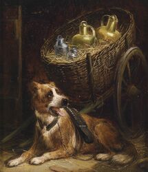  20th_century absurd_res ambiguous_gender ancient_art basket black_nose breath brown_body brown_fur canid canine canis cart container detailed_background domestic_dog feral formal_art fur henriette_ronner-knip hi_res mammal oil_painting_(artwork) open_mouth painting_(artwork) panting public_domain quadruped solo tongue tongue_out traditional_media_(artwork) white_body white_fur 