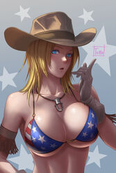  american_flag american_flag_bikini american_flag_print artist_name bare_shoulders bikini bikini_top_only blonde_hair blue_eyes blush breasts brown_gloves collarbone cowboy_hat dead_or_alive dead_or_alive_5 female flag_print gloves hat highres horseshoe_ornament jewelry large_breasts looking_at_viewer medium_hair neck necklace open_mouth parted_lips print_bikini short_hair solo star_(symbol) starry_background swimsuit tina_armstrong tomo_eokaiteru upper_body white_gloves 