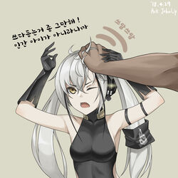  1boy absurdres ark_john_up armband armpits arms_up artist_name bare_shoulders black_armband black_dress black_gloves black_hair breasts commentary dated destroyer_(girls&#039;_frontline) dress english_commentary female girls&#039;_frontline gloves hair_between_eyes hair_ornament hand_on_another&#039;s_hand headpat highres korean_text long_hair medium_breasts multicolored_hair one_eye_closed open_mouth sangvis_ferri simple_background single_hair_tube sleeveless sleeveless_dress streaked_hair translation_request twintails upper_body v-shaped_eyebrows very_long_hair white_hair yellow_background yellow_eyes 