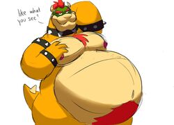  2021 anthro armband belly belly_hair belly_tuft big_belly body_hair bowser bracelet chest_hair chest_tuft collar collar_only dialogue dragon hair hand_behind_head hand_on_moob horn jewelry koopa looking_at_viewer male mario_bros moobs mouth_closed mythological_creature mythological_scalie mythology navel nintendo nipples nude obese obese_anthro obese_male overweight overweight_anthro overweight_male pose praceph red_hair scalie smile smiling_at_viewer solo spiked_armband spiked_bracelet spiked_collar spiked_tail spikes spikes_(anatomy) standing tail talking_to_viewer text tuft 