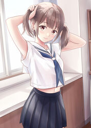  blue_neckerchief blue_skirt blush bookshelf breasts brown_eyes brown_hair commentary_request cowboy_shot day female head_tilt highres holding holding_own_hair indoors light_blush looking_at_viewer midriff_peek navel neckerchief original pleated_skirt sailor_collar school_uniform serafuku short_hair short_sleeves skirt small_breasts smile solo standing two_side_up white_sailor_collar window windowsill yukimaru217 