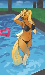  2016 3:5 anthro big_breasts bikini biped blonde_hair blue_eyes breasts brown_body brown_fur cleavage clothed clothing detailed_background digital_media_(artwork) equid equine eyebrows eyelashes falling female fur gloves_(marking) grass hair half-closed_eyes horse leg_markings long_hair long_tail looking_at_viewer mammal markings multicolored_body multicolored_fur narrowed_eyes partially_submerged plant ponytail pose samantha_(alistair) signature socks_(marking) solo standing swimming_pool swimwear tail tan_body tan_fur tan_markings two_tone_body two_tone_fur water wooperworks yellow_tail 