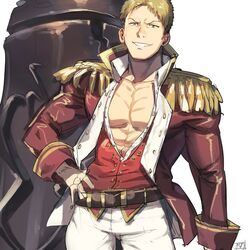  1boy abs bara belt blonde_hair brown_eyes cannon cosplay epaulettes fate/grand_order fate_(series) hand_on_own_hip high_collar highres jacket large_pectorals leather leather_jacket looking_at_viewer male_focus military military_uniform muscular muscular_male napoleon_bonaparte_(fate) napoleon_bonaparte_(fate)_(cosplay) open_clothes open_jacket open_shirt pants pectorals red_shirt reiner_braun shingeki_no_kyojin shirt short_hair smile solo teeth uniform weapon white_pants zyunya 