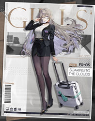  bespectacled black_choker black_footwear black_jacket black_pantyhose black_skirt blue_eyes briefcase character_name choker collarbone copyright_name earrings english_commentary female formal full_body fx-05_(girls&#039;_frontline) fx-05_(soaring_to_the_clouds)_(girls&#039;_frontline) girls&#039;_frontline glasses grey_hair high_heels highres id_card jacket jewelry lapels long_hair long_sleeves looking_at_viewer miniskirt miyazakisoul notched_lapels office_lady official_alternate_costume official_art open_clothes open_jacket pantyhose pencil_skirt promotional_art rectangular_eyewear semi-rimless_eyewear skirt skirt_suit solo suit under-rim_eyewear 