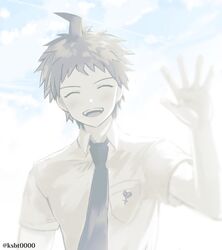  1boy :d bad_id bad_twitter_id blush closed_eyes collared_shirt commentary_request danganronpa_(series) danganronpa_2:_goodbye_despair green_necktie hajime_(gitoriokawaii) hand_up hinata_hajime light male_focus necktie open_mouth outdoors shirt short_hair short_sleeves simple_background smile solo spiked_hair striped twitter_username upper_body white_shirt wing_collar 