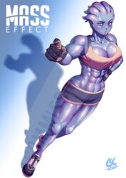  2020 abs alien asari_(mass_effect) black_gloves blue_eyes blue_skin blush breasts cleavage collarbone colored_skin commentary copyright_name english_commentary female freckles gloves large_breasts liara_t&#039;soni mass_effect_(series) mass_effect_1 muscular muscular_female phoebus_art pointing pointing_at_viewer shadow shoes shorts signature sneakers solo tank_top tentacle_hair white_background 