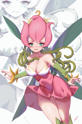  absurdres bare_shoulders blush breasts cleavage collarbone commentary_request detached_sleeves digimon digimon_(creature) dress fairy female flower green_eyes green_sleeves green_wings highres large_breasts leaf_wings lilimon looking_at_viewer monster_girl open_mouth petals pink_dress plant plant_girl short_dress smile solo thorns vines wings zoom_layer zzh-27 