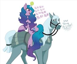  2021 ambiguous_gender armor ball blue_body bridle centaurworld crossover dialogue duo english_text equid equine fatepriceof female feral fetlocks grey_body hair hasbro horn horse horse_(centaurworld) izzy_moonbow_(mlp) mammal mane mlp_g5 my_little_pony mythological_creature mythological_equine mythology netflix purple_hair reins riding saddle simple_background smile tennis_ball tennis_ball_on_horn text unicorn white_background white_mane 