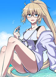  :d blonde_hair blue_eyes blush breasts collarbone commentary competition_swimsuit day fate/grand_order fate_(series) female glasses hair_between_eyes highleg highleg_swimsuit highres holding holding_whistle jacket jacket_over_swimsuit jeanne_d&#039;arc_(fate) jeanne_d&#039;arc_(swimsuit_archer)_(fate) jeanne_d&#039;arc_(swimsuit_archer)_(second_ascension)_(fate) jewelry long_hair looking_at_viewer medium_breasts necklace one-piece_swimsuit open_clothes open_jacket open_mouth ponytail sitting smile solo swimsuit very_long_hair water whistle whistle_around_neck white_jacket white_one-piece_swimsuit yuuma_(u-ma) 