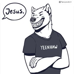  1:1 2020 5_fingers anthro clothed clothing dialogue digital_media_(artwork) duo fingers fur greyscale hyena male mammal monochrome shirt smile solo solo_focus speech_bubble t-shirt teeth tenynn text text_on_clothing text_on_shirt text_on_topwear topwear 