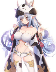  :q absurdres animal_ears animal_print ass_visible_through_thighs bare_shoulders blue_hair breasts catura_(granblue_fantasy) cleavage closed_mouth collarbone covered_nipples cow_ears cow_hood cow_print cowboy_shot crop_top detached_collar detached_sleeves draph fake_animal_ears female granblue_fantasy hands_up highleg highleg_panties highres large_breasts long_hair long_sleeves looking_at_viewer micro_shorts midriff navel open_fly orange_eyes panties ponta_(velmar) short_shorts shorts simple_background smile solo standing stomach strapless string_panties thighhighs thighs tongue tongue_out underwear very_long_hair white_background white_shorts white_thighhighs wide_sleeves 