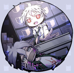  2boys artist_name blood chibi collared_shirt danganronpa_(series) danganronpa_2:_goodbye_despair gag green_jacket green_necktie grey_hair highres hinata_hajime hinata_hajime_(awakened) improvised_gag jacket knife komaeda_nagito lying male_focus monokuma multiple_boys necktie on_back open_clothes open_jacket open_mouth pink_blood red_eyes screen shirt short_hair short_sleeves sparkling_eyes tape tape_gag tongue ziling 